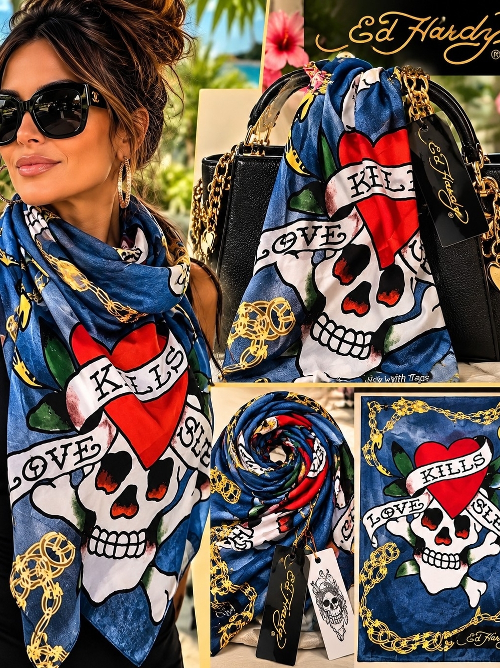 Ed Hardy Blue Skull & Heart 'Love Kills' Graphic Scarf